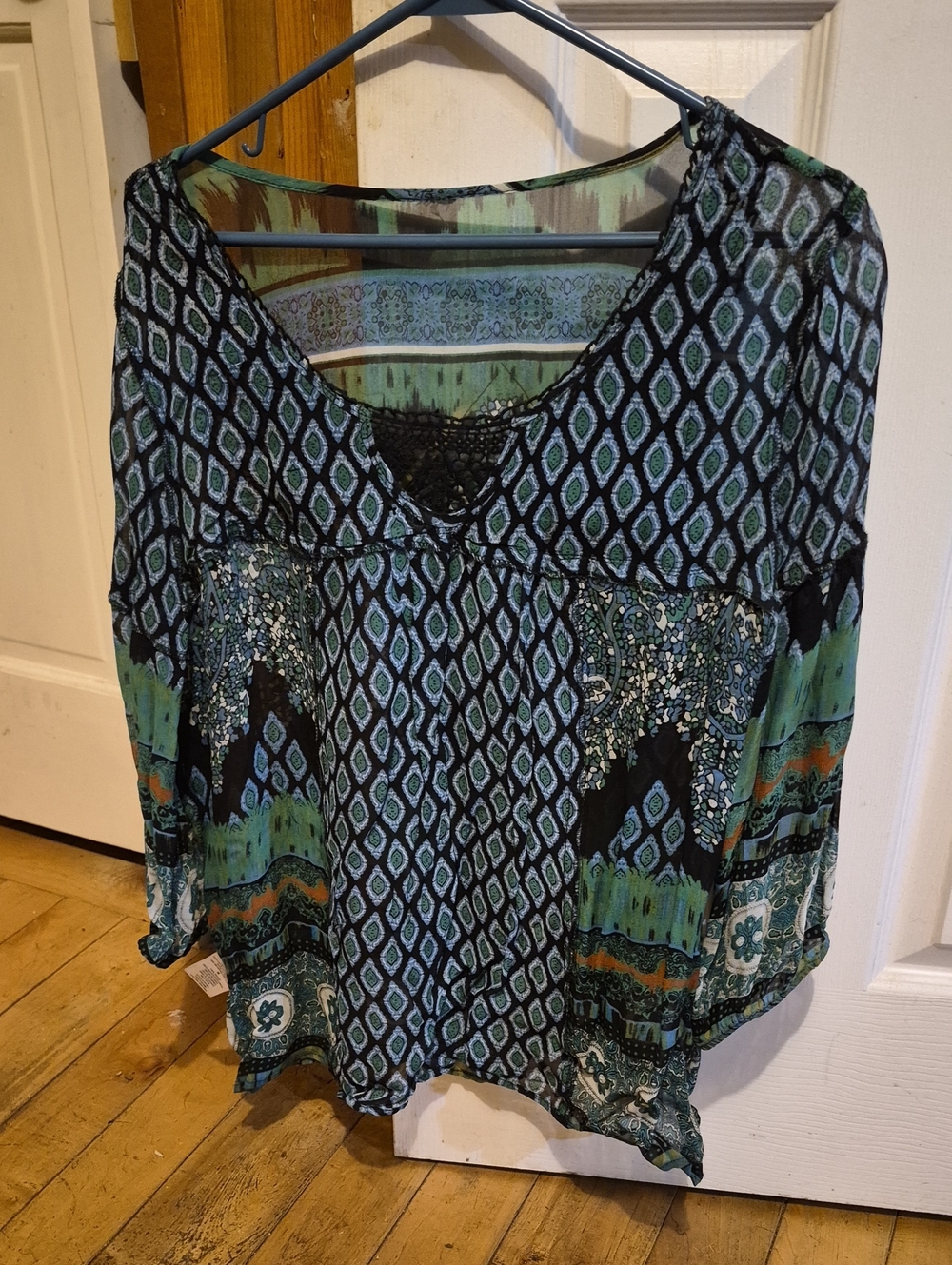 Boho Printed V-Neck Women’s Top in Teal and Black